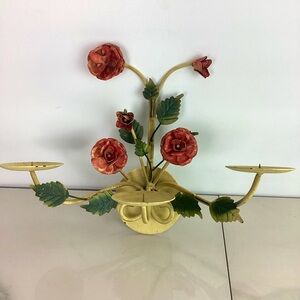 Vintage Large Italian Toleware Roses Three Candleholders, Heavy